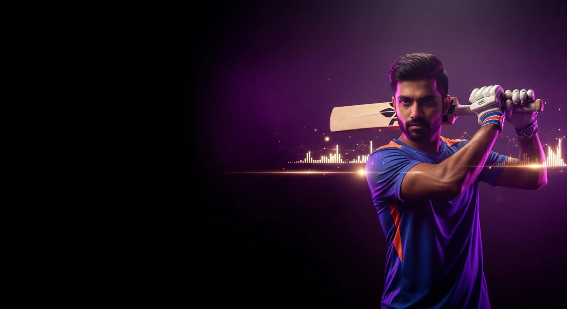 Cricket player holding a bat amid digital performance data